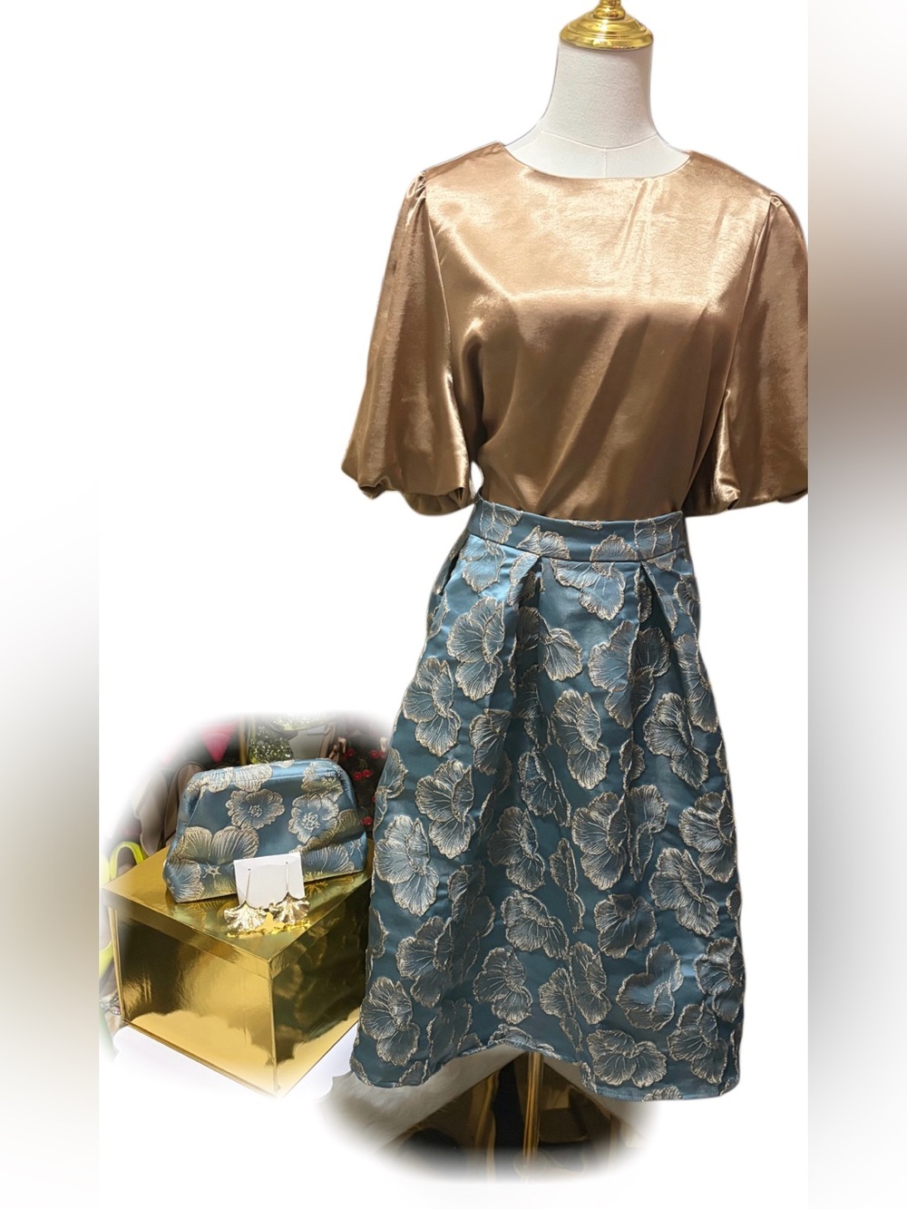 Elegant Teal and Gold Floral Embroidered skirt with gold top, earrings and cluch
